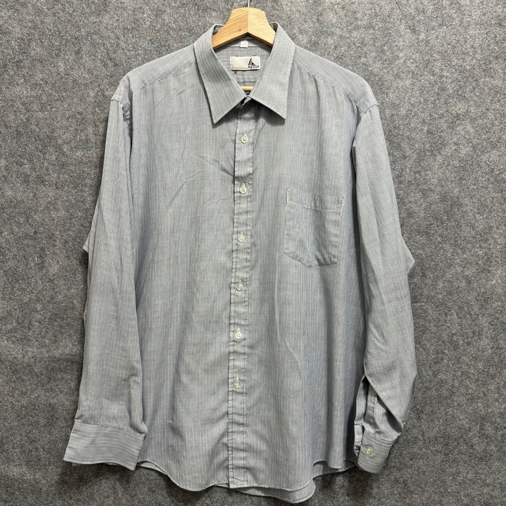 Ketch Button‎ Up Shirt Mens 17.5 34/35 Blue Striped Long Sleeve Cotton Pocket